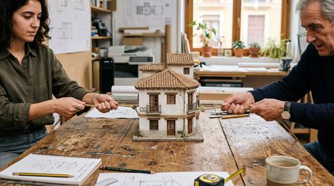 Una joven y un hombre mayor tiran con cuerdas, desde lados opuestos de una mesa de madera, de una maqueta de casa con tejado de teja